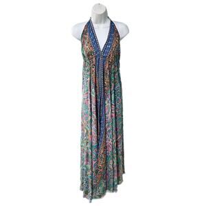 Bigg Bull by Cam Women S/M Silk Blend Paisley Floral Maxi Dress Open Back Boho